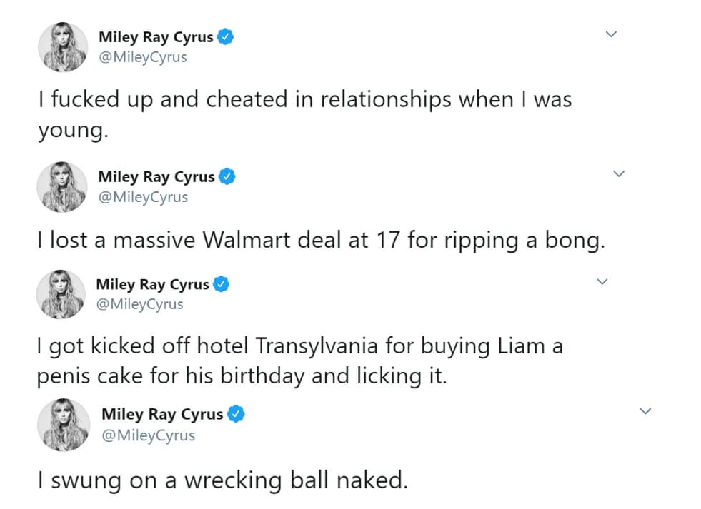 También recordó algunas de las polémicas por las que ha sido señalada como fumar droga, haber sido infiel, comprar un pastel en forma de pene y columpiarse en una bola de demolición desnuda.