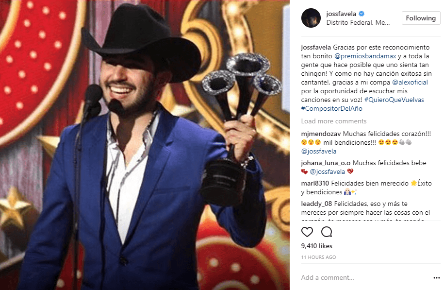 Joss Favela emocionado, agradeció a través de sus redes sociales, el premio que le otorgaron como 'Compositor del año'.