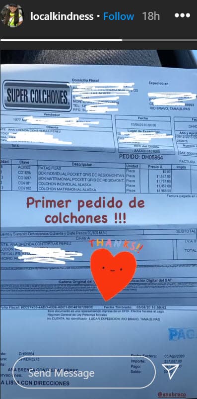 El pasado 4 de agosto Contreras compartió en Instagram que había hecho el 
<b>primer pedido de colchones</b> para los afectados del huracán, con parte de las donaciones recibidas.
<br>