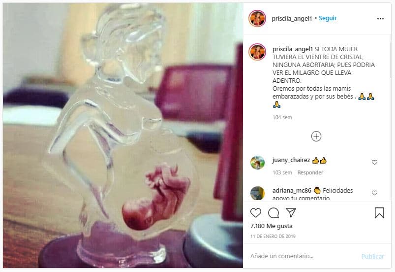 "Si toda mujer tuviera el vientre de cristal, ninguna abortaría; pues podría ver el milagro que lleva adentro. Oremos por todas las mamis embarazadas y por sus bebés", escribió la que fuera vocalista de Priscila y sus balas de plata.