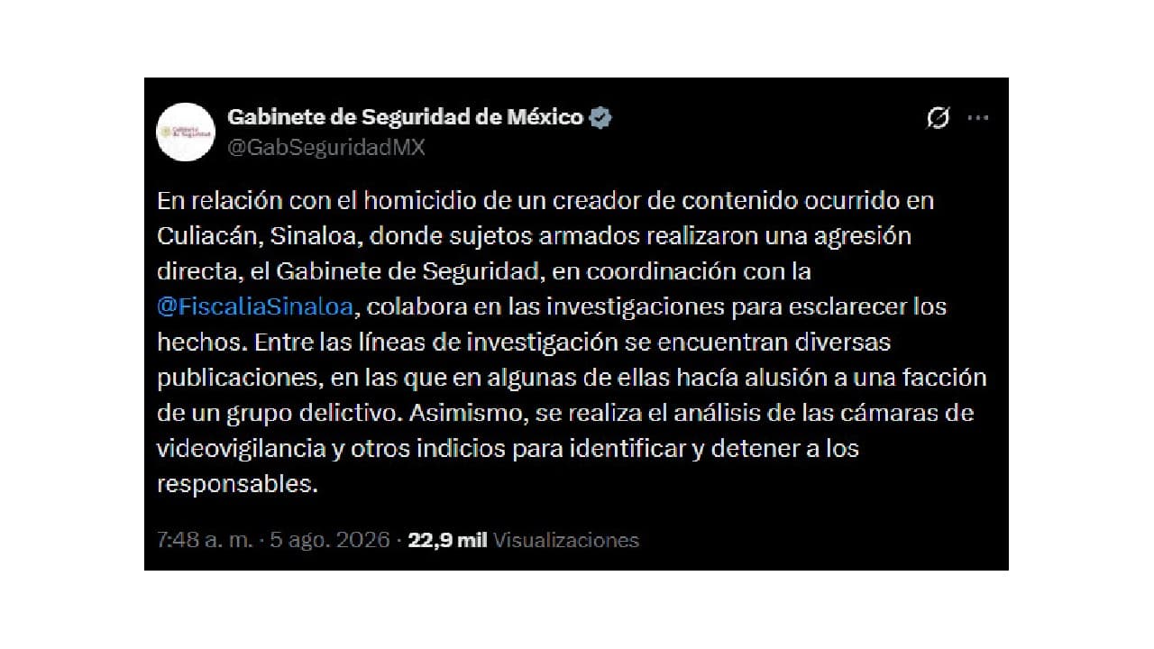 El Gabinete de Seguridad de México se pronuncia sobre el asesinato del 'influencer' César Gastélum.