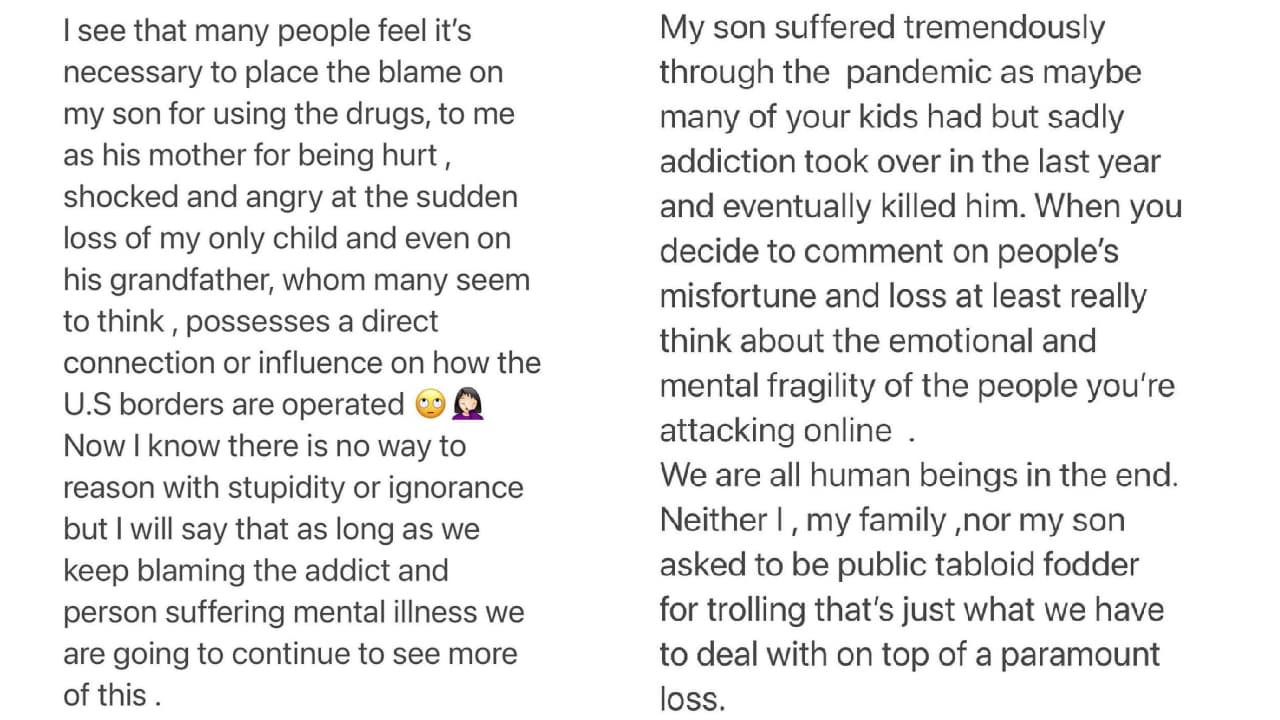 Drena De Niro defiende a su fallecido hijo.