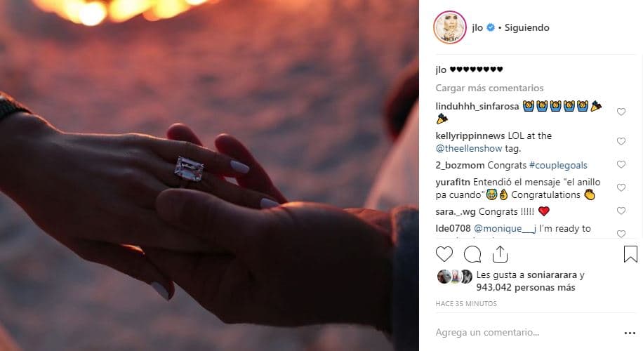 JLo compartió el post con un sencillo mensaje: “♥️♥️♥️♥️♥️♥️♥️♥️”. A menos de una hora de haber sido publicada, la fotografía superaba los 943,000 likes y rebasaba los 40,600 comentarios.
<br>