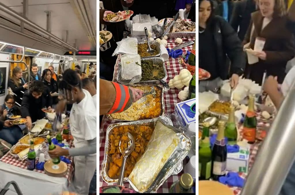 Sorprenden a usuarios con cena de Acción de Gracias en un tren del subway de Nueva York