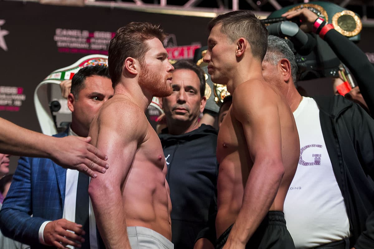 Foto de accion durante el pesaje oficial previo a la pelea Saúl "Canelo" Álvarez vs Gennady Golovkin 2 realizado en el MGM Hotel Casino en Las Vegas, Nevada. Action photo during the official weigh-in prior to the fight Saul "Canelo" Álvarez vs. Gennady Golovkin 2 performed at the MGM Hotel Casino in Las Vegas, Nevada. EN LA FOTO: