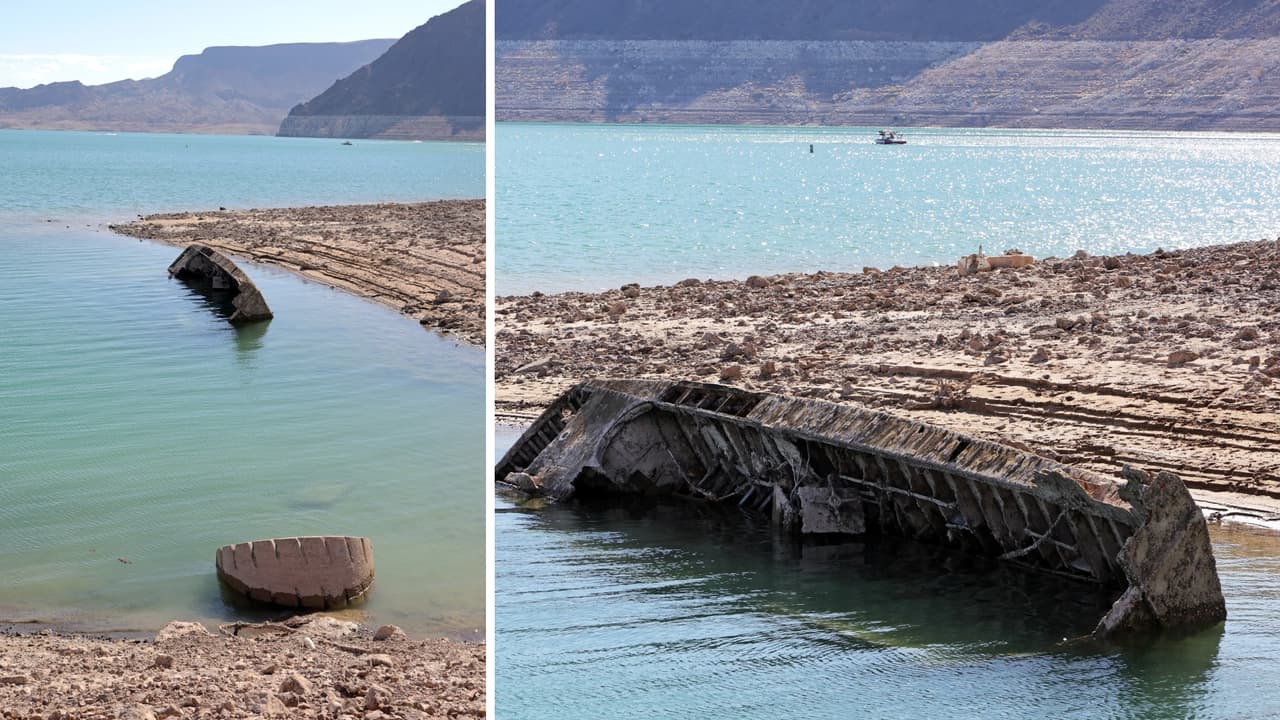 Barco que data de la Segunda Guerra Mundial emerge del lago Mead, en sus niveles más bajos por la sequía