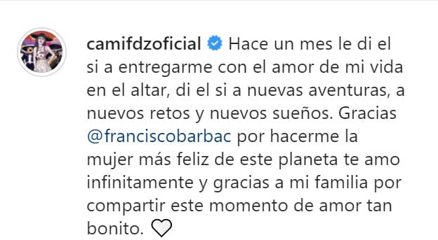 Por último, declaró su amor a su esposo, con quien tuvo un noviazgo de menos de un año antes de llegar al altar, y agradeció a sus seres queridos: "Te amo infinitamente y gracias a mi familia por compartir este momento de amor tan bonito".
<br>