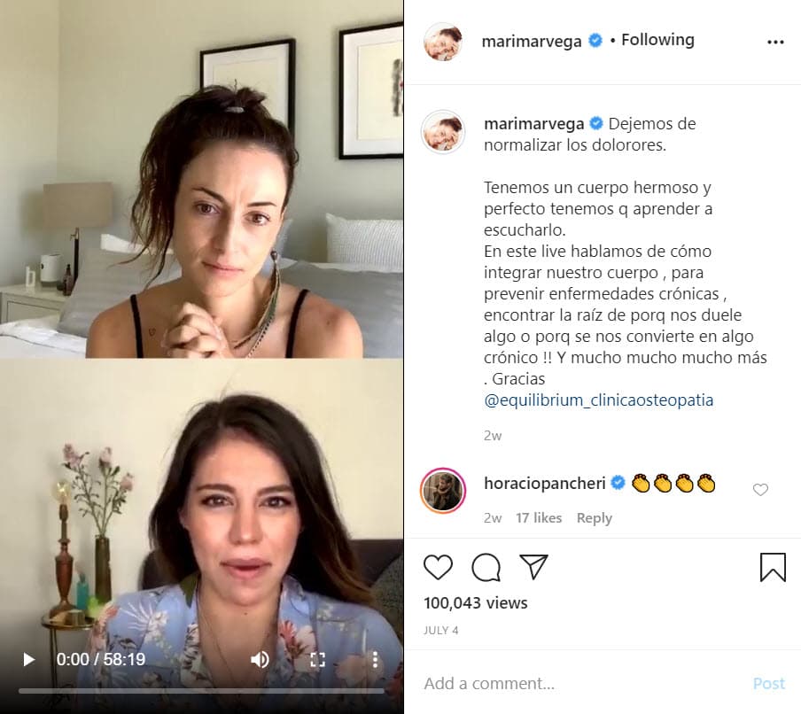 Por su parte, 
<b>Marimar Vega</b> dedicado tiempo de la cuarentena para tener pláticas en vivo a través de 
<a href="https://www.instagram.com/p/CC4lKLLpUUX/" target="_blank">Instagram</a>, donde habla con amigos y expertos de temas como nutrición, relaciones de pareja, dinero, autoestima, etcétera.
<br>