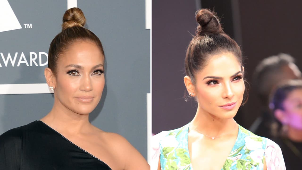 Los peinados también son un sello de la intérprete de 'Ni tú ni yo', un ejemplo que se puede seguir gracias a los cientos de tutoriales en línea. En Premios Juventud Alejandra Espinoza usó un chongo muy parecido al que la cantante lució en la gala de los premios Grammy en 2013.