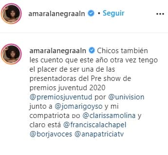 Por ese mismo medio, la multifácetica artista contó a sus seguidores que este año nuevamente participará en Premios Juventud 2020.