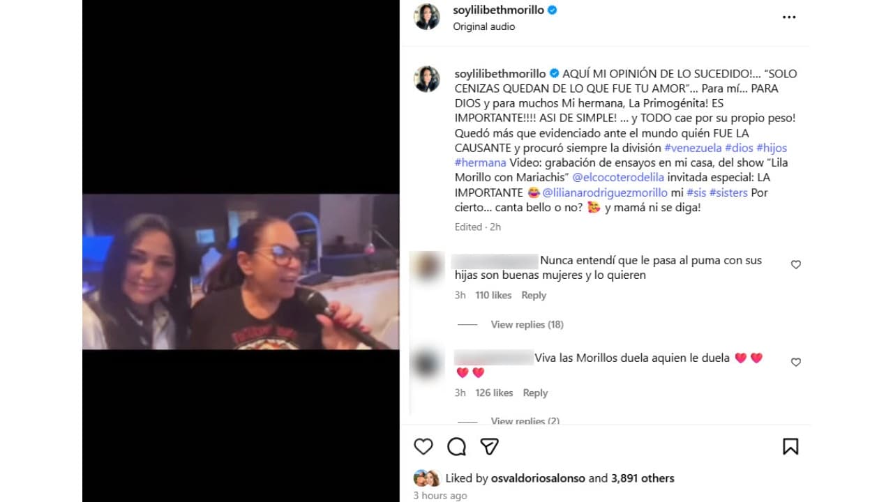 Lilibeth Morillo responde a Carolina Pérez, esposa de su padre, José Luis Rodríguez 'El Puma'.