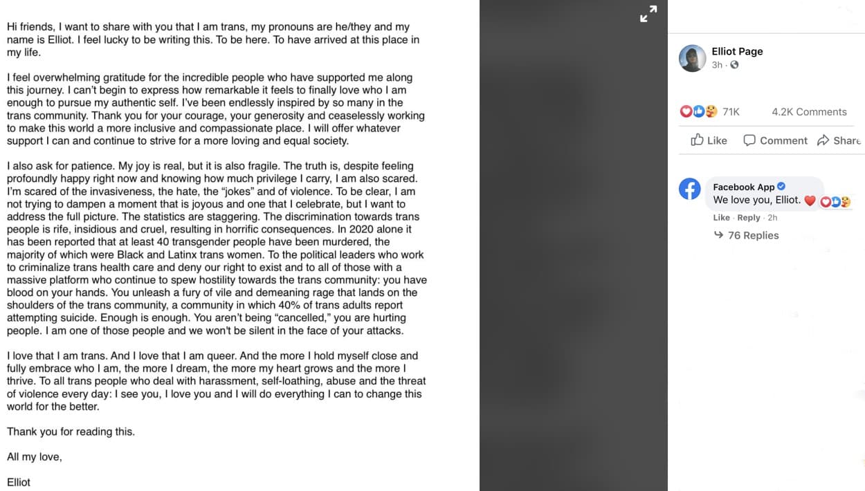 Elliot Page contó en su mensaje que se siente repleto de todo el amor y apoyo que ha recibido durante todo este proceso personal.