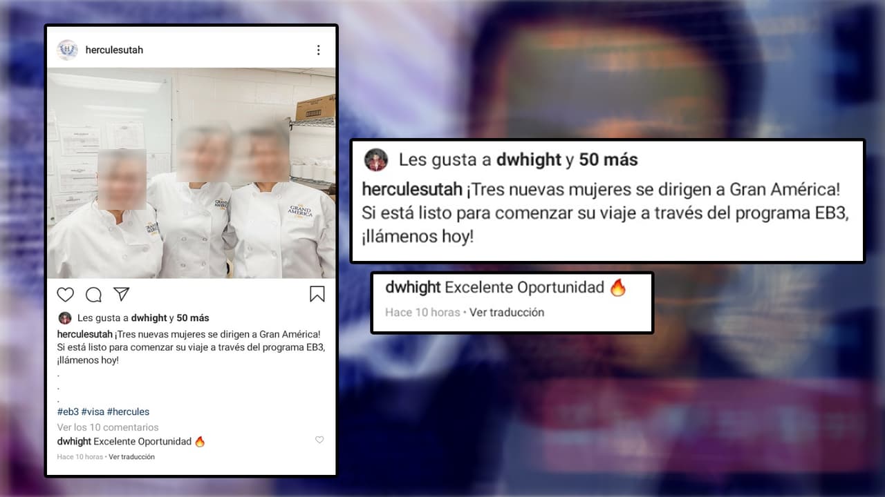 Una captura de pantalla revela una publicación en redes sociales de Hercules Staffing con tres mujeres vistiendo el uniforme de Grand America Hotel en Utah, mientras promueven la visa EB-3.