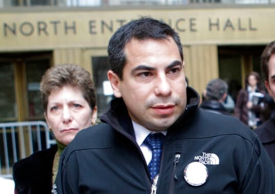 Patrick Orlando-Cachay leaving a Manhattan court after the arraignment of a man accused of murdering his sister, swimsuit designer Sylvie Cachay, in a trendy New York City hotel in 2011.