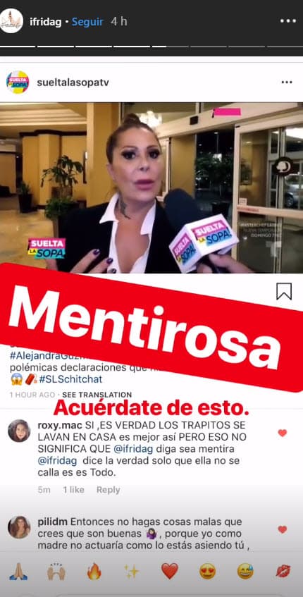 Minutos antes de que Frida Sofía compartiera los mensajes, tachó de "mentirosa" a su madre en una publicación en Instagram, donde coloca una entrevista que 'La Guzmán' concedió al programa Suelta La Sopa en la que trata de defenderse de las acusaciones de su hija.
<br>