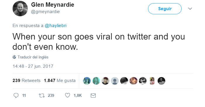 El padre de Merce se sorprendió cuando notó que su hijo se volvió viral a través de las redes sociales. "Cuando tu hijo se vuelve viral en Twitter y ni siquiera te enteras", escribió Glen Meynardie en su cuenta de Twitter.