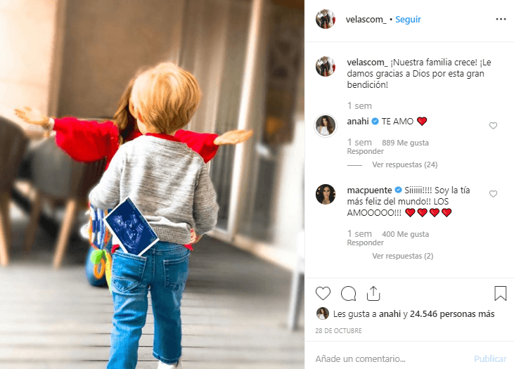 La noticia también fue anunciada por su esposo Manuel Velasco, por la misma vía, y agregó una imagen de su hijo 'Manu' con la imagen del ultrasonido en el bolsillo.