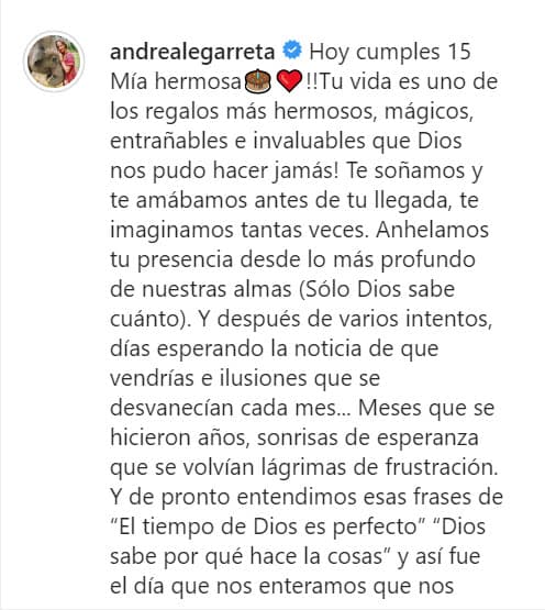 "¡
<b><a href="https://www.univision.com/famosos/andrea-legarreta-y-erik-rubin-no-le-haran-una-fiesta-de-15-anos-a-mia-porque-ella-quiere-otra-cosa-fotos" target="_blank">Tu vida es uno de los regalos más hermosos</a></b>, mágicos, entrañables e invaluables que Dios nos pudo hacer jamás!", escribió la actriz para su primogénita.
<br>