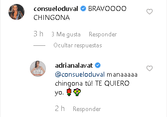 Consuelo Duval le escribió: "
<b>Bravo, chingona"</b>. A lo que Adriana Lavat contestó con: "Mana, ¡chingona tú! Te quiero yo".
