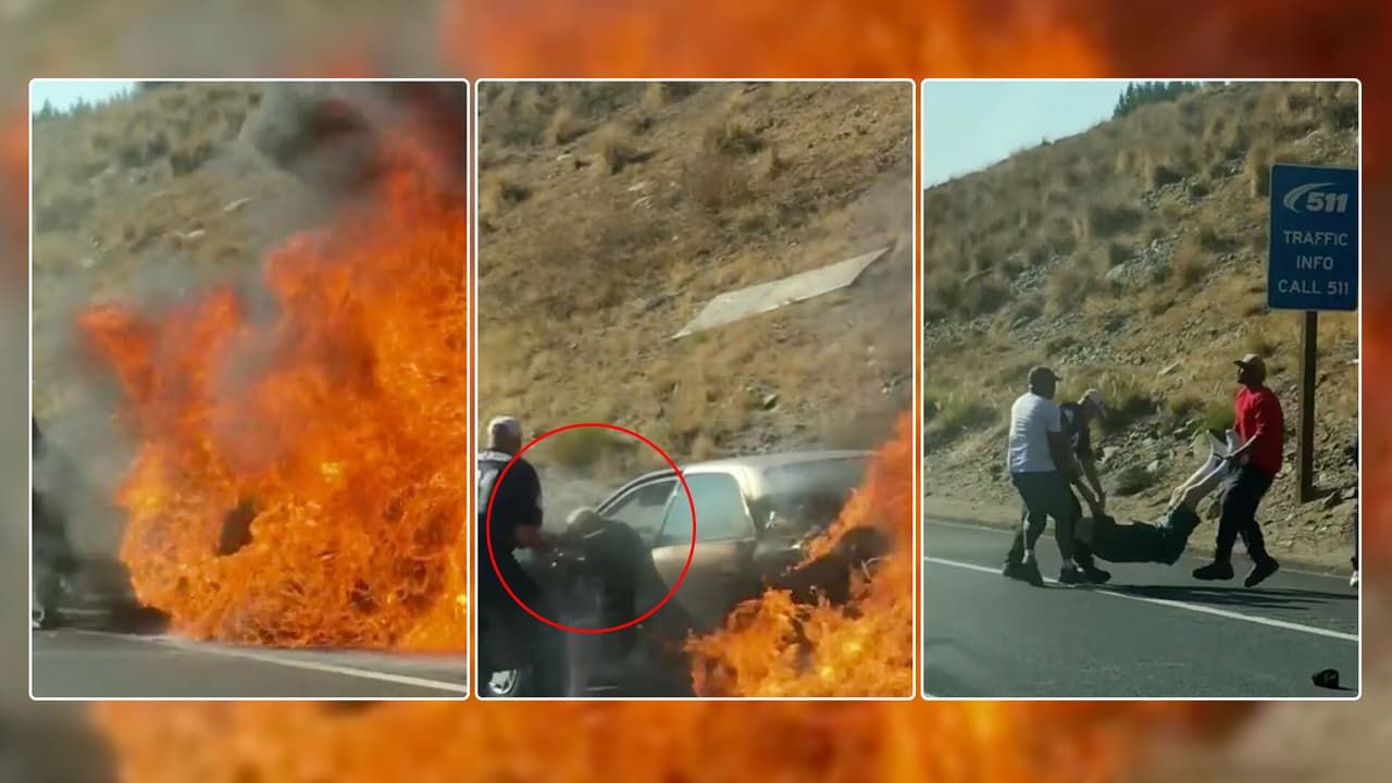 Hombres arriesgan su vida para salvar a pareja de ancianos de auto en llamas 