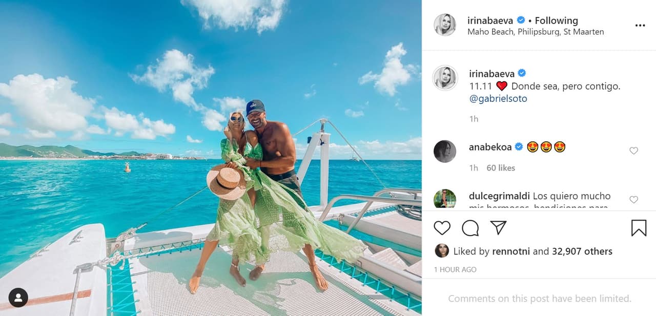 También, Baeva publicó una fotografía donde aparecen juntos en un viaje que hicieron al mar Caribe: "11.11 
<b>Donde sea, pero contigo Gabriel Soto</b>", se lee en el mensaje. 
<br>