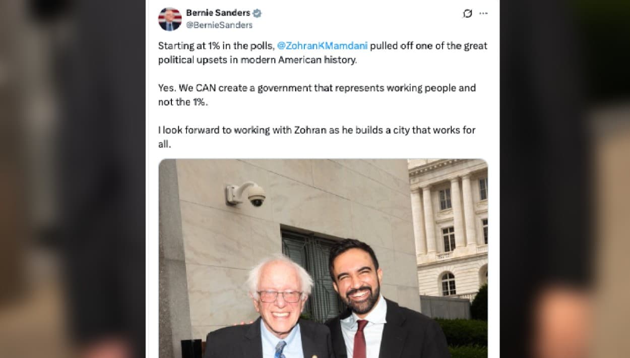El senador demócrata 
<b>Bernie Sanders</b> colgó en la red social X una imagen junto al ganador y las siguientes palabras: "Con un 1% de apoyo en las encuestas, Zohran K. Mamdani logró una de las mayores 
<b>sorpresas políticas</b> de la historia moderna de Estados Unidos. Sí. Podemos crear un gobierno que represente a la clase trabajadora y no al 1%. Espero con interés trabajar con Zohran mientras construye una ciudad que funcione para todos".