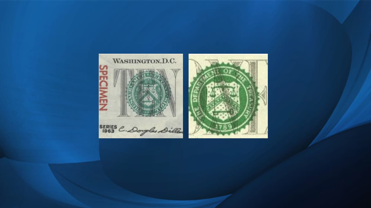 <b>SELLO DEL TESORO</b>. El sello verde a la derecha del retrato representa al Departamento del Tesoro de los EE.UU. El diseño del sello cambió para incorporar una inscripción en inglés, y aparece en todos los billetes de la Reserva Federal del año de la serie 1969 o posteriores.