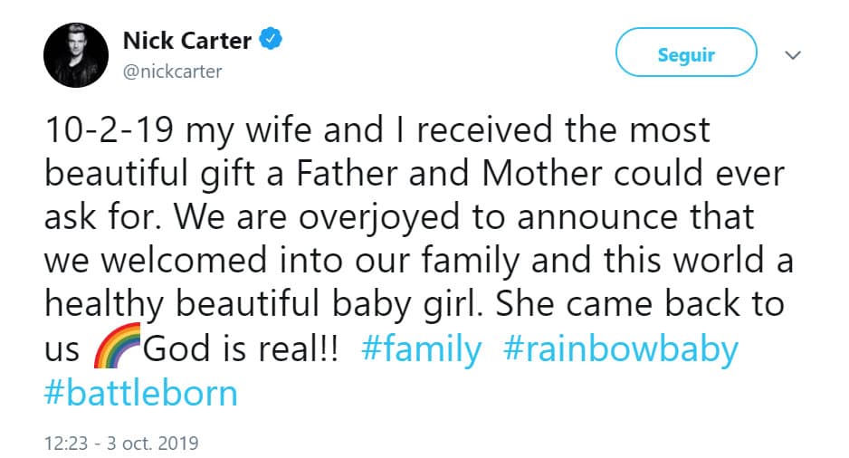 "10-2-19, mi esposa y yo recibimos el regalo más hermoso que un padre y una madre podrían pedir. Estamos encantados de anunciar que recibimos en nuestra familia y en este mundo a una niña hermosa y saludable. Ella volvió a nosotros. ¡Dios es real!", se lee en el mensaje.