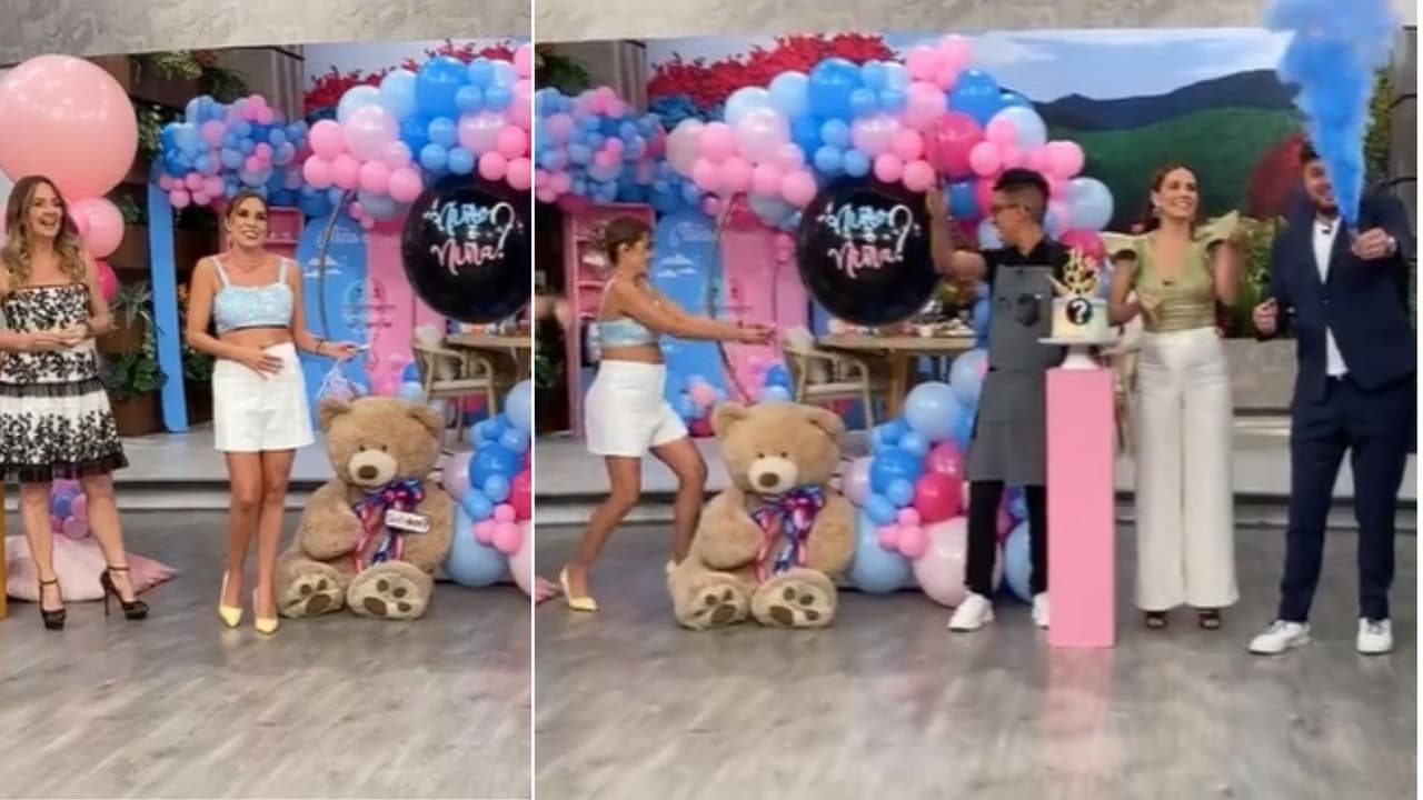 La producción del programa preparó un set con detalles en tonalidades rosas y azules en donde después de una dinámica para adivinar si espera una niña o un varón reventó un globo que contenía la respuesta.