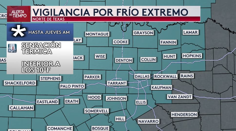 Debido al paso de un frente ártico, 
<b>las autoridades han emitido una vigilancia por frío extremo, desde la noche del martes y hasta la mañana del jueves</b>. La sensación térmica en gran parte del norte de Texas p
<b>odría caer por debajo de los 10 °F, una temperatura cercana a los -12 °C</b>. Se recomienda tomar precauciones para 
<b>proteger a tu familia, mascotas y plantas.</b>