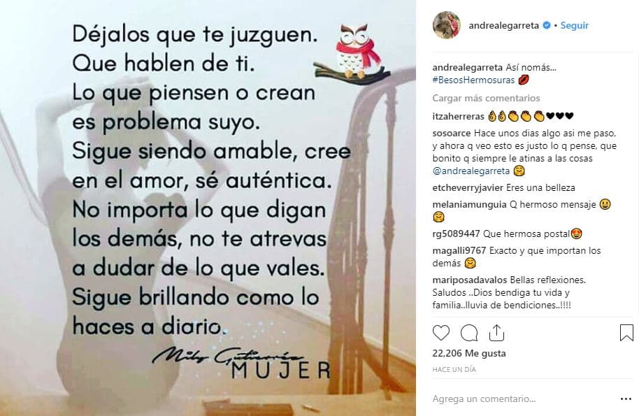 Andrea Legarreta continuó defendiendose, pero ahora de forma indirecta, compartiendo mensajes motivacionales en Instagram.