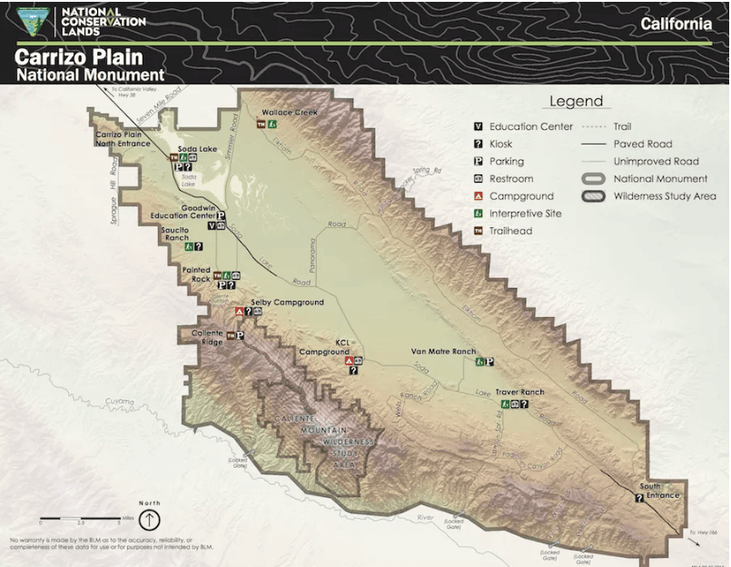 Para aquellos que no estén familiarizados con la geografía y los puntos de referencia de Carrizo Plain, este mapa puede ayudarlos.
