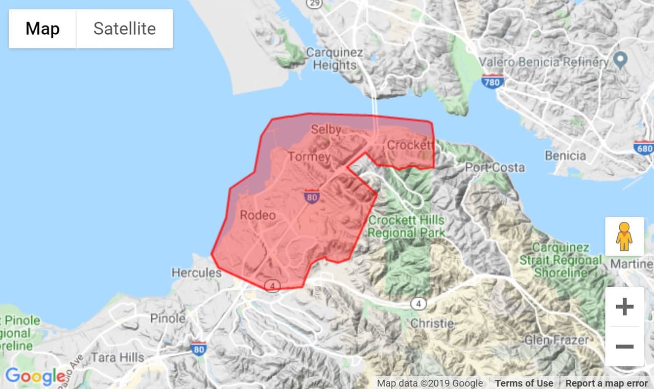 Imagen de la zona que se encuentra bajo 'shelter in place' en el condado de Contra Costa.