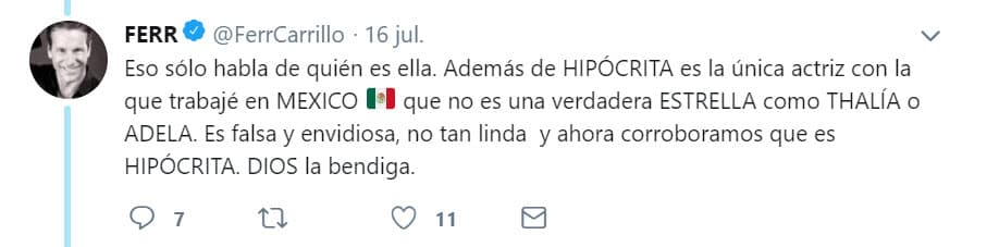 Cuando Carrillo vio el video explotó en redes sociales y llamó "hipócrita" a Laura Flores, incluso puso en duda la trayectoria de su compañera: "No es una verdadera estrella", comparándola con actrices como Adela Noriega y Thalía, con quienes también protagonizó melodramas.