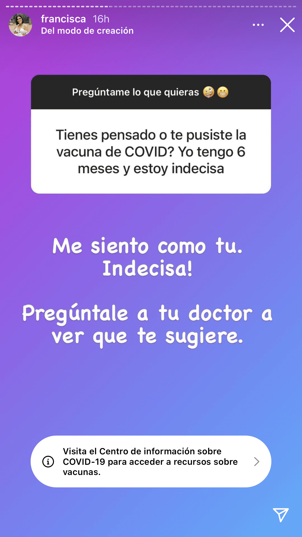 En torno a la presente coyuntura por el covid-19, hay otro tema que tiene inquieta a Francisca:
<b><a href="https://www.univision.com/shows/despierta-america/vacunacion-en-mujeres-embarazadas-medico-explica-por-que-ya-se-recomienda-inmunizarse-contra-el-covid-video" target="_blank"> ¿vacunarse o no?</a></b> Una seguidora con 6 meses de embarazo le hizo saber que no sabe si aplicarse la vacuna. Francisca reconoció que ella tampoco. 
<br>