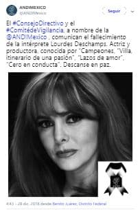 La Asociacion Nacional de Interpretes de México también lamentó el sensible fallecimiento de la actriz a través de un comunicado que compartió a través de su cuenta de Twitter.