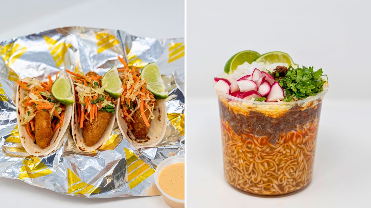 <h3 class="cms-H3-H3">Baja Fish Tacos </h3>
<b>Un mordisco que sabe a playa:</b> filete de pescado empanizado y crujiente, coronado con col fresca, pico de gallo y una salsa cremosa que te transporta directo a Baja California. Ideal para arrancar ligero antes de lanzarte al Midway.
<br>
<h3 class="cms-H3-H3">Birria Ramen Bowl </h3>
<b>Aquí la birria mexicana se mezcla con el ramen japonés.</b> La sopa trae noodles firmes, carne suave de res bañada en consomé y queso fundido encima. Es la combinación perfecta para quienes crecieron con birria en casa y ahora prueban la fusión mundial en la feria.