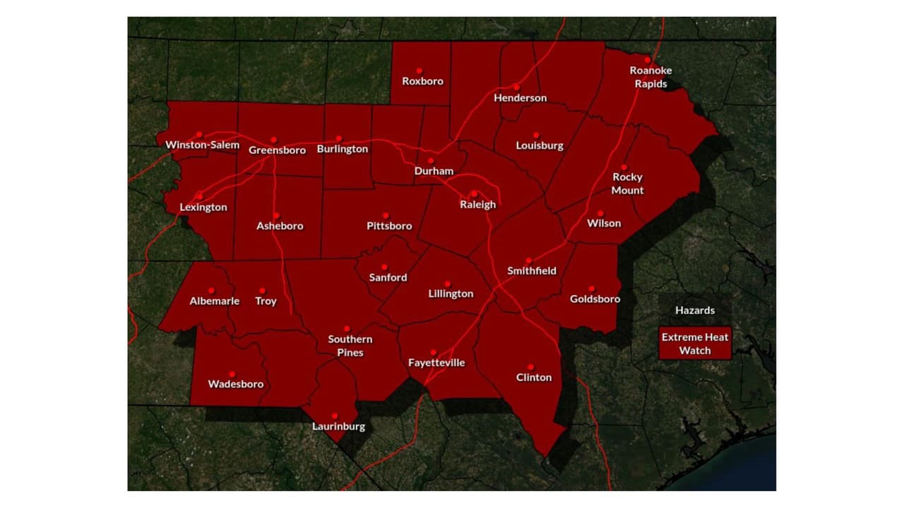 Este mapa del NWS muestra las ciudades de Carolina del Norte bajo advertencia de calor extremo del martes 24 de junio al miércoles 25 de junio.
