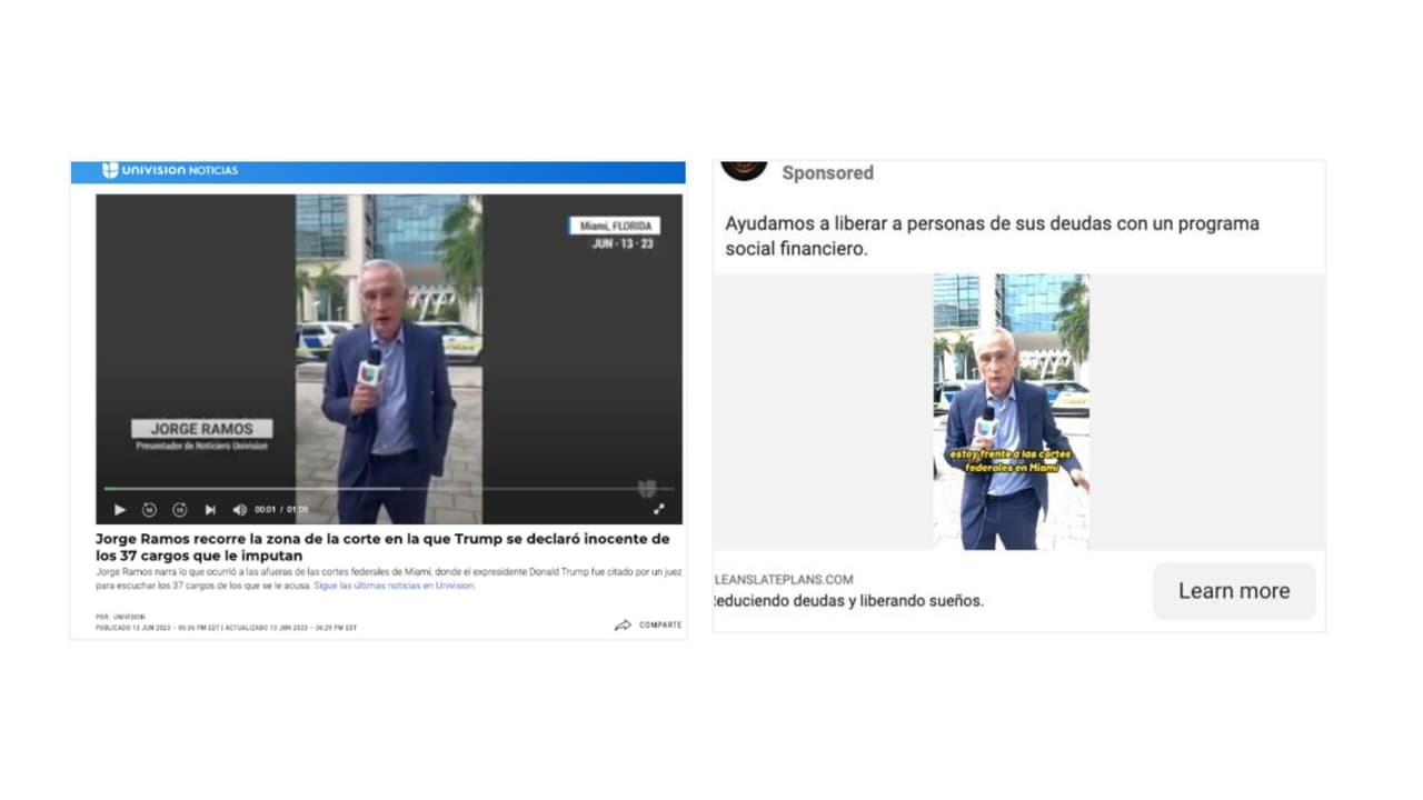 El reportaje real (izquierda) del que tomaron las imágenes para la publicidad (derecha) era sobre la cobertura del caso de Trump.