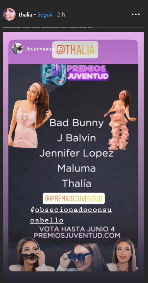 Thalía, quien sumó tres nominaciones en las categorías Me Llama la Atención, Obsesionado con el Cabello y Esto sí es, también mostró su euforia en la red social.