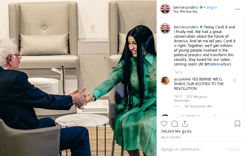 "Hoy Cardi B y yo finalmente nos conocimos. Tuvimos una gran conversación sobre el futuro de Estados Unidos", escribió el precandidato presidencial en su 
<b><a href="https://www.instagram.com/p/B0hnnmlhqaK/" target="_blank">publicación</a></b>.