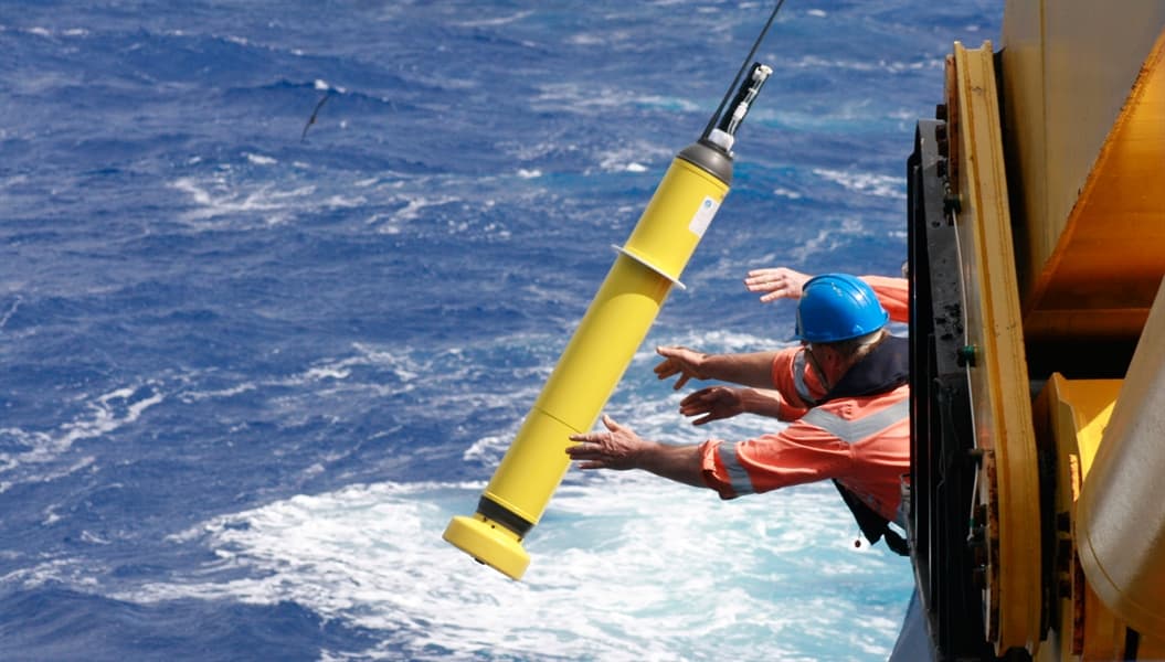 The Argo float measures temperature and salinity in the ocean. It can dive about 1.2 miles deep and then surfaces to transmit data in real-time via satellite.