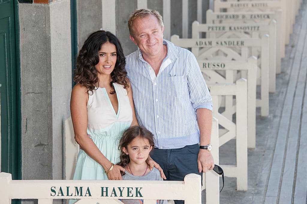 DEAUVILLE, FRANCE - SEPTEMBER 08: Salma Hayek poses her husband Francois-Henri Pinault with their daughter Valentina Paloma Pinault as she unveiled the beach locker room dedicated to her on the Promenade des Planches during the 38th Deauville American Film Festival on September 8, 2012 in Deauville, France. (Photo by Francois Durand/Getty Images)