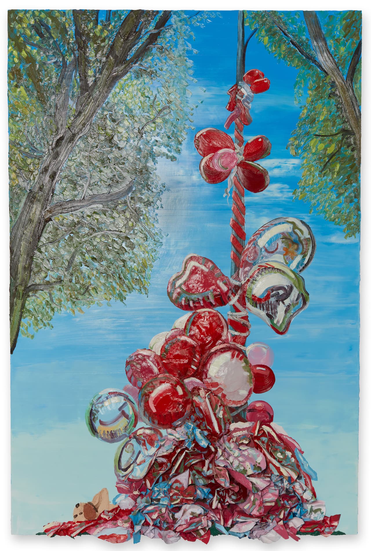 "Los revolucionarios" se inspiró en los muchos monumentos para los muertos en el Barrio de las Empacadoras. Las familias colocan globos y flores en memoria de sus seres queridos en el lugar donde fueron asesinados. Como un pequeño gesto, Aguirre recreó los globos que significaban la naturaleza repetitiva de la violencia, con la idea de que muchas personas se verán atrapadas, atadas o afectadas por la naturaleza de nuestro entorno.