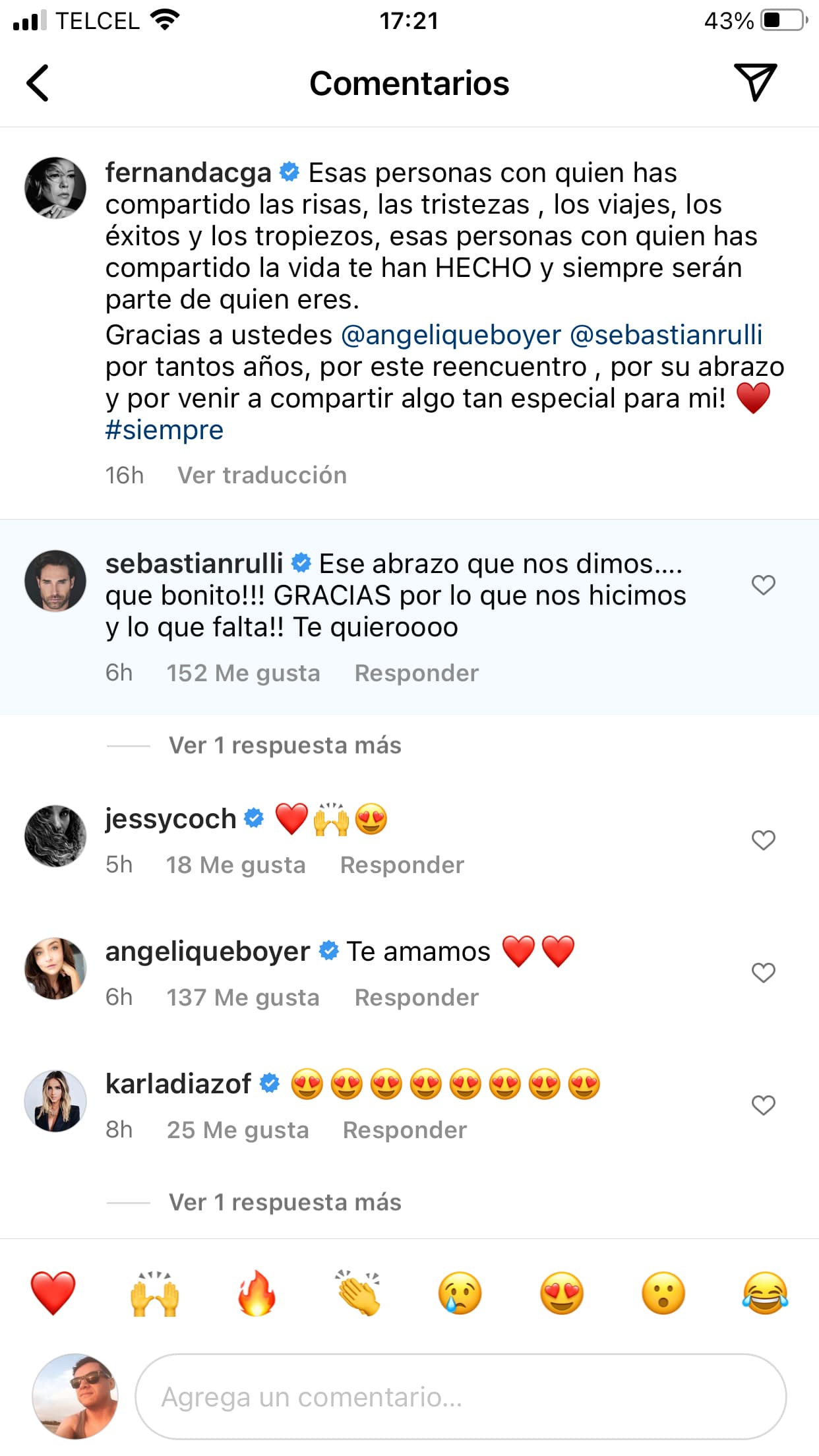 "Esas personas con quien has compartido las risas, las tristezas, los viajes, los éxitos y los tropiezos, esas personas con quien has compartido la vida te han hecho y siempre serán parte de quien eres. Gracias a ustedes Angelique Boyer y Sebastián Rulli por tantos años, por este encuentro, por su abrazo y por venir a compartir algo tan especial para mí", escribió la actriz de 'Monarca'.