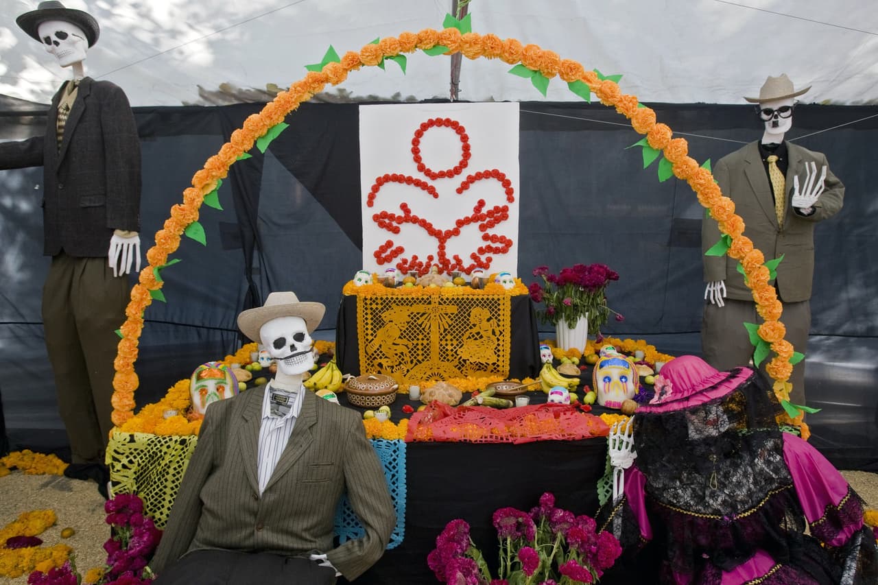 En altares de muertos y ofrendas se usa muchísimo la flor del cempasúchil no sólo como adorno, sino también para crear como en este caso un arco o "techo", que simboliza la entrada al mundo de los muertos.
