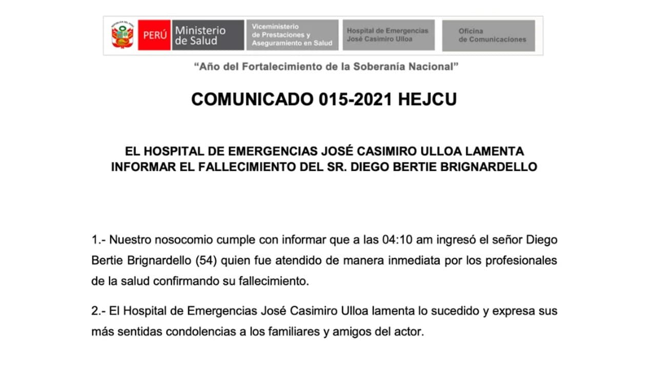 Comunicado del hospital sobre la muerte del actor Diego Bertie.
