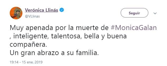 La también actriz argentina Verónica Llinás eligió su cuenta de Twitter para emitir un mensaje donde lamentó la muerte de su colega.
