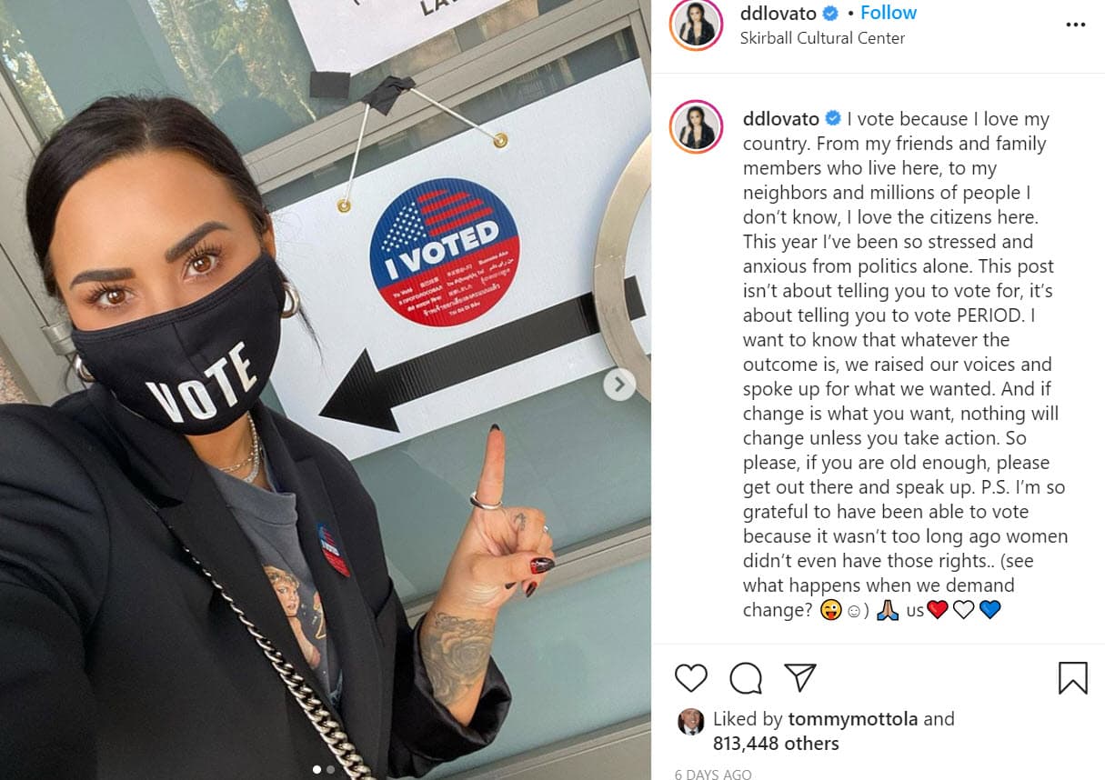 <b><a href="https://www.univision.com/famosos/asi-se-ve-demi-lovato-embarazada-la-imagen-que-confundio-a-fans-y-famosos-fotos" target="_blank">Demi Lovato</a></b> también adelantó su voto, así lo dio a conocer el pasado martes 27 de octubre y reconoció que la campaña electoral la tuvo "ansiosa": "
<b><a href="https://www.instagram.com/p/CG01_TmhIqZ/" target="_blank">Voto porque amo a mi país</a></b>. Desde mis amigos y familiares que viven aquí, hasta mis vecinos y millones de personas que no conozco, amo a los ciudadanos aquí. Este año he estado tan estresada y ansiosa solo por la política. Esta publicación no es para decirte por quién votar, es para decirte que votes, punto".