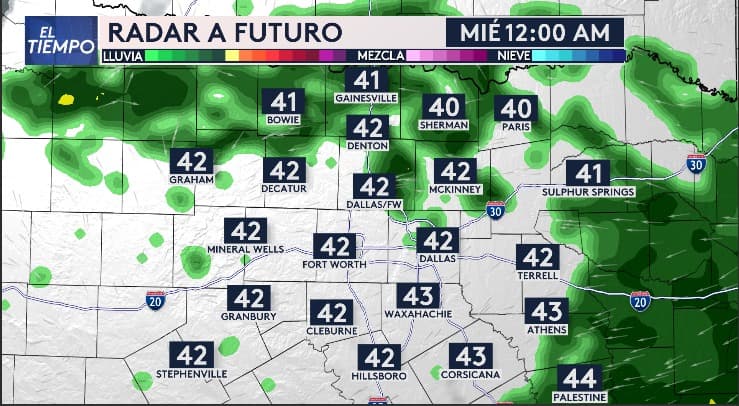 El miércoles a las 12:00 am, se despejarán los cielos y las tormentas seguirán hacia el norte de Texas.